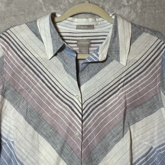 Chico's Linen Tunic Blouse Women's Size 2 Purple Blue Striped 3/4 Sleeve Button - Picture 2 of 11